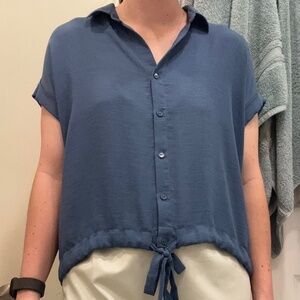 Timing Tie-Front Button-Down Blouse (Dusty Blue)